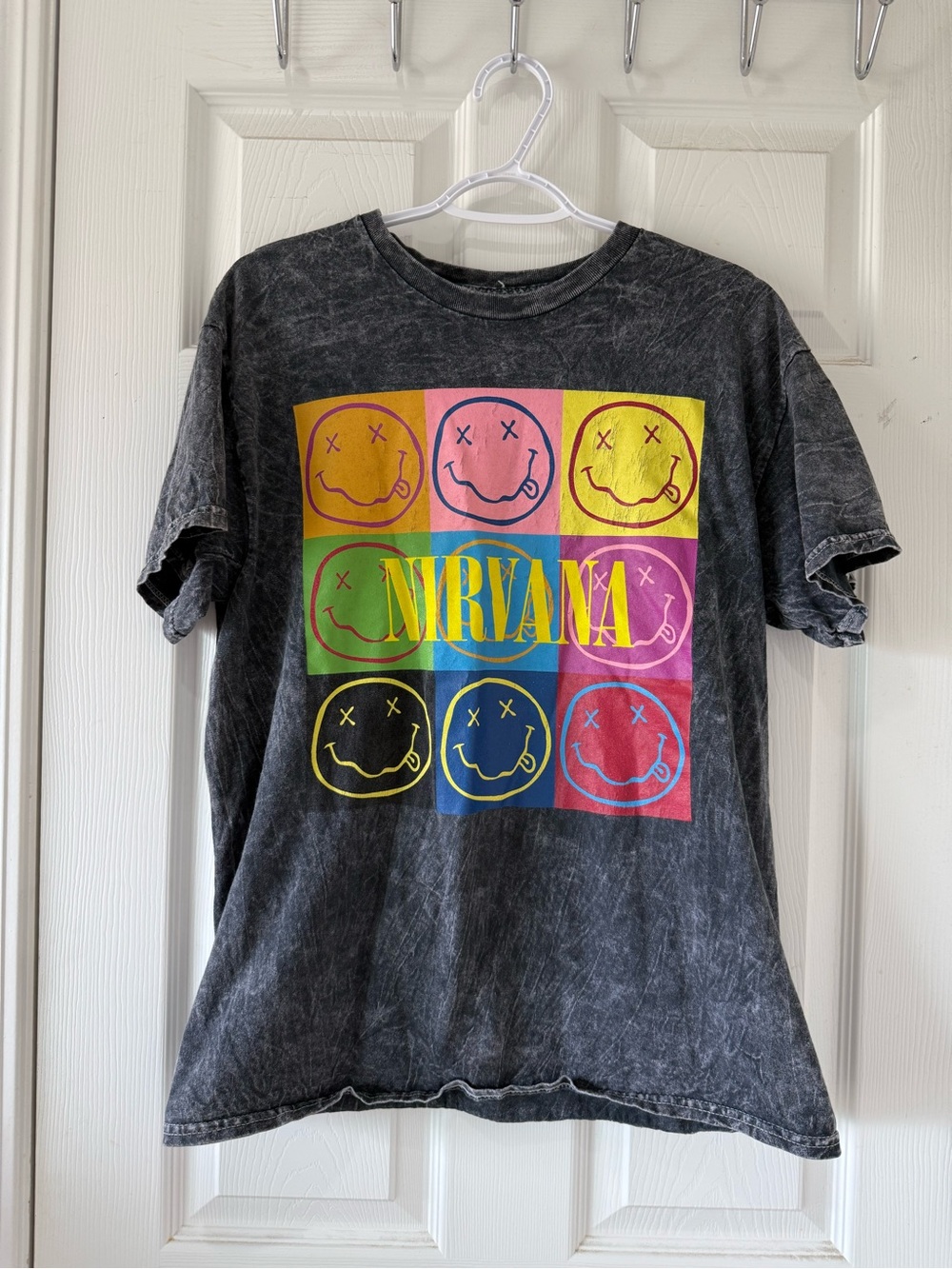 NIRVANA Black Vintage Wash Tee with Multicolor Smile Grid